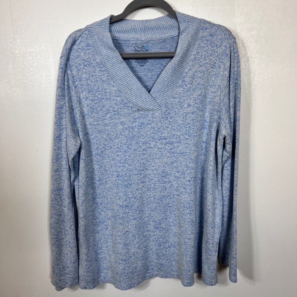 Croft & Barrow Women's XL Blue Marled V-Neck Soft Knit Pullover Sweater